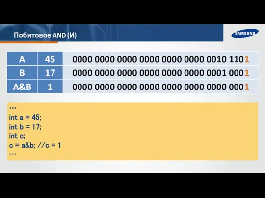 Побитовое AND (И) … int a = 45; int b = 17;