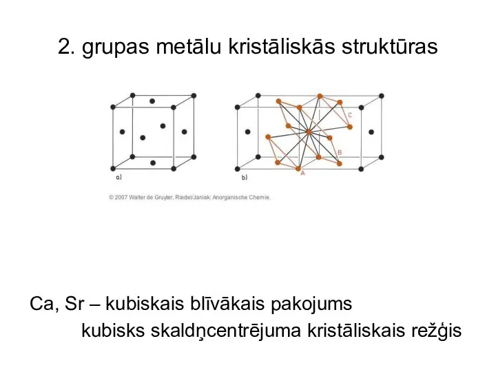 2. grupas metālu kristāliskās struktūras Ca, Sr – kubiskais blīvākais pakojums kubisks skaldņcentrējuma kristāliskais režģis