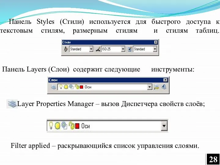 Панель Styles (Стили) используется для быстрого доступа к текстовым стилям, размерным стилям