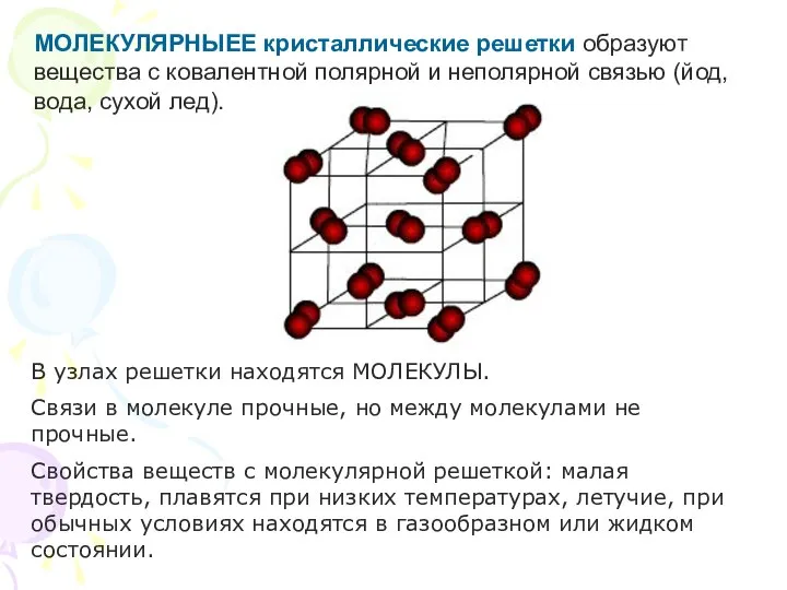 МОЛЕКУЛЯРНЫЕЕ кристаллические решетки образуют вещества с ковалентной полярной и неполярной связью (йод,