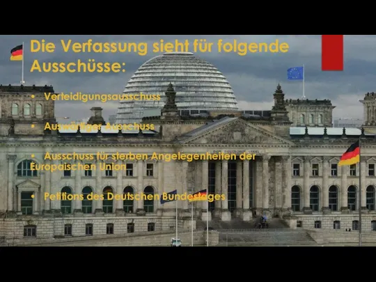 Die Verfassung sieht für folgende Ausschüsse: • Verteidigungsausschuss • Auswärtiger Ausschuss •