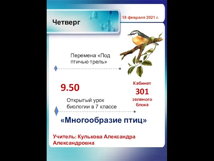 Четверг 18 февраля 2021 г. 9.50 Кабинет 301 зеленого блока «Многообразие птиц» Учитель: Кулькова Александра Александровна