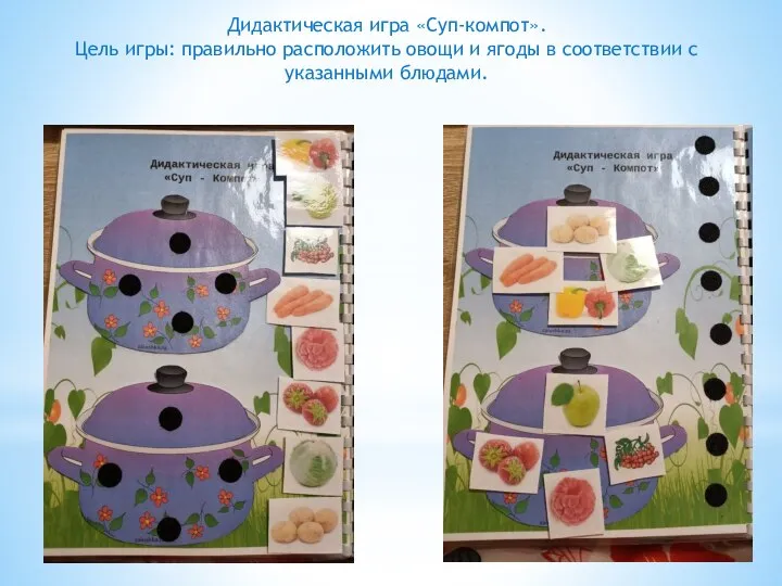 Дидактическая игра «Суп-компот». Цель игры: правильно расположить овощи и ягоды в соответствии с указанными блюдами.