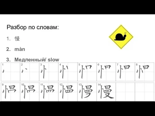 Разбор по словам: 慢 màn Медленный/ slow
