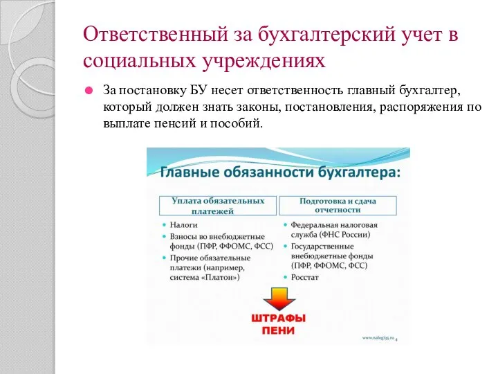 Ответственный за бухгалтерский учет в социальных учреждениях За постановку БУ несет ответственность