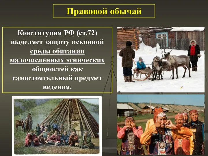 Правовой обычай Конституция РФ (ст.72) выделяет защиту исконной среды обитания малочисленных этнических