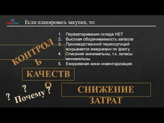 Если планировать закупки, то: Перезатаривания склада НЕТ Высокая оборачиваемость запасов Производственной пересортицей