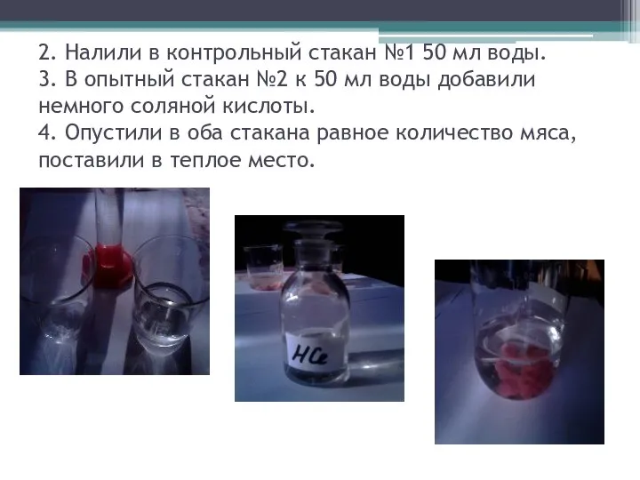 2. Налили в контрольный стакан №1 50 мл воды. 3. В опытный