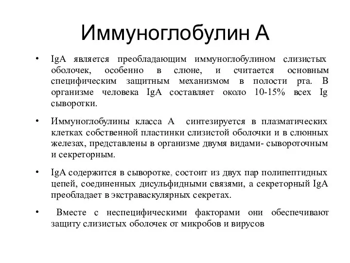 Иммуноглобулин А IgA является преобладающим иммуноглобулином слизистых оболочек, особенно в слюне, и