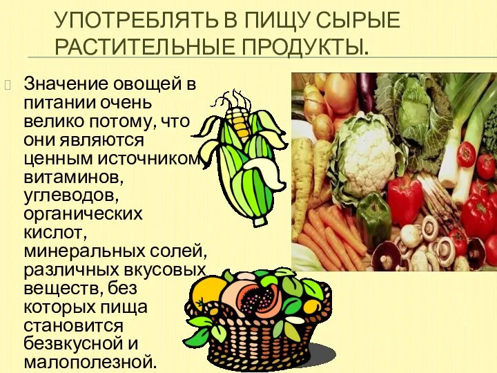 УПОТРЕБЛЯТЬ В ПИЩУ СЫРЫЕ РАСТИТЕЛЬНЫЕ ПРОДУКТЫ. Значение овощей в питании очень велико