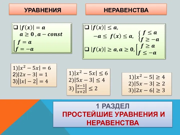 1 РАЗДЕЛ ПРОСТЕЙШИЕ УРАВНЕНИЯ И НЕРАВЕНСТВА УРАВНЕНИЯ НЕРАВЕНСТВА