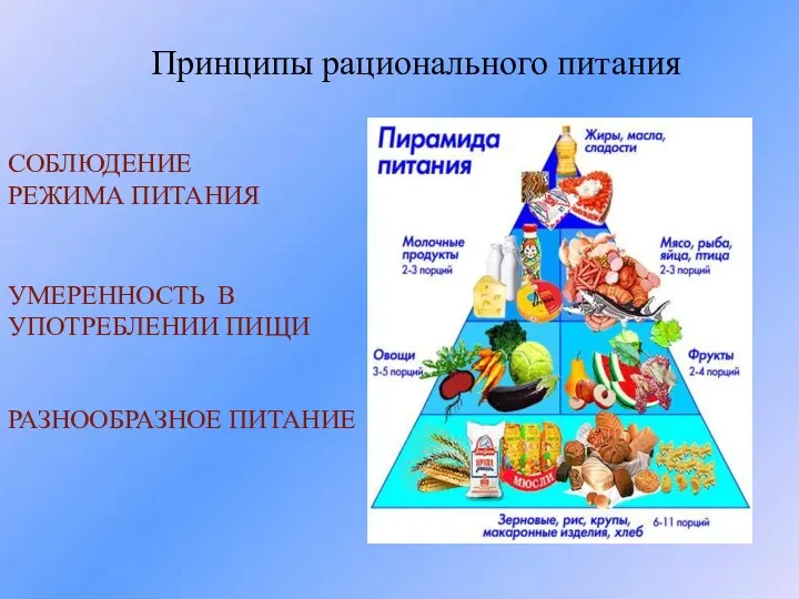 Принципы рационального питания СОБЛЮДЕНИЕ РЕЖИМА ПИТАНИЯ УМЕРЕННОСТЬ В УПОТРЕБЛЕНИИ ПИЩИ РАЗНООБРАЗНОЕ ПИТАНИЕ