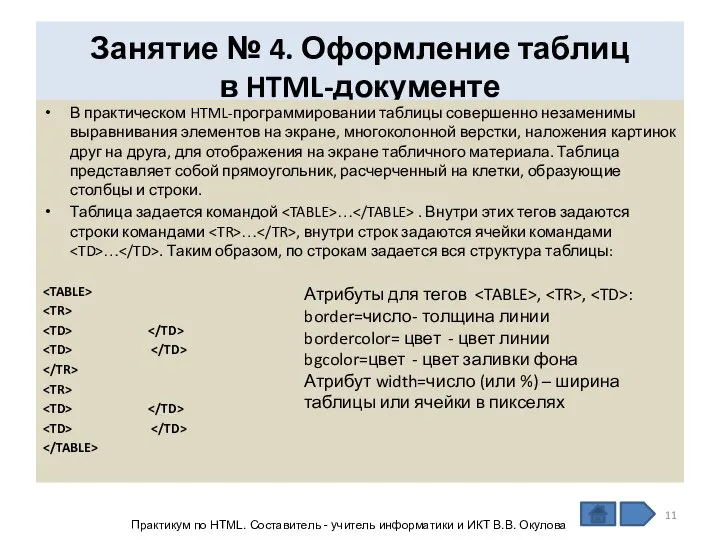 Занятие № 4. Оформление таблиц в HTML-документе В практическом HTML-программировании таблицы совершенно