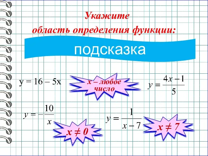 Укажите область определения функции: y = 16 – 5x х ≠ 0