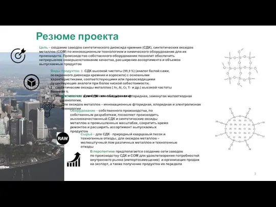 Резюме проекта Цель – создание заводов синтетического диоксида кремния (СДК), синтетических оксидов