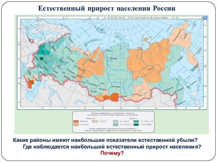 Естественный прирост населения России Какие районы имеют наибольшие показатели естественной убыли? Где