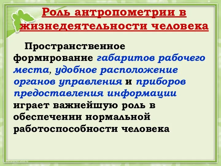 Роль антропометрии в жизнедеятельности человека Пространственное формирование габаритов рабочего места, удобное расположение