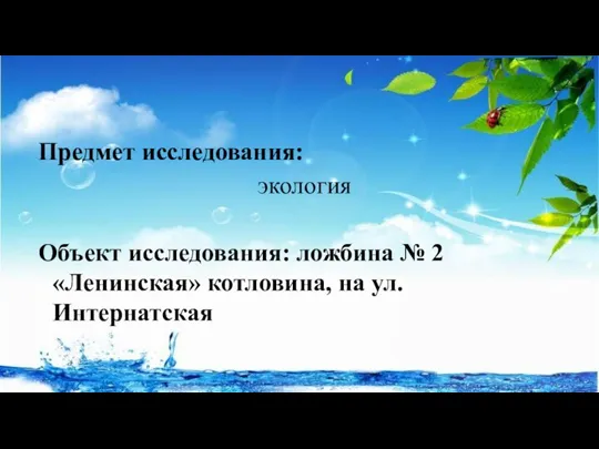 Предмет исследования: экология Объект исследования: ложбина № 2 «Ленинская» котловина, на ул. Интернатская