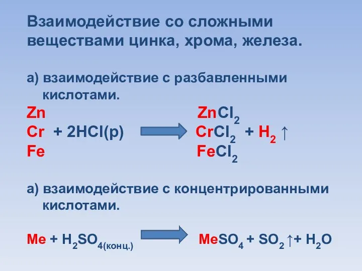 Взаимодействие со сложными веществами цинка, хрома, железа. а) взаимодействие с разбавленными кислотами.