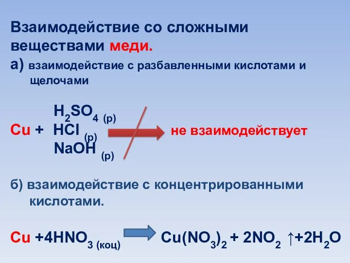 Взаимодействие со сложными веществами меди. а) взаимодействие с разбавленными кислотами и щелочами