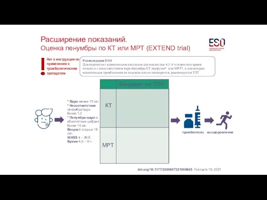 Расширение показаний. Оценка пенумбры по КТ или МРТ (EXTEND trial) Рекомендация ESO