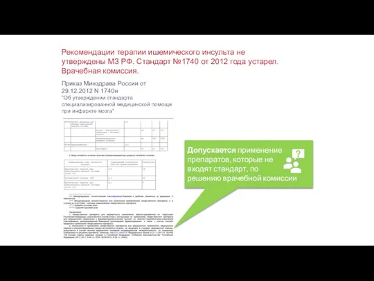 Рекомендации терапии ишемического инсульта не утверждены МЗ РФ. Стандарт №1740 от 2012