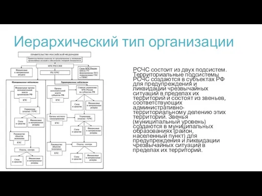 Иерархический тип организации РСЧС состоит из двух подсистем. Территориальные подсистемы РСЧС создаются