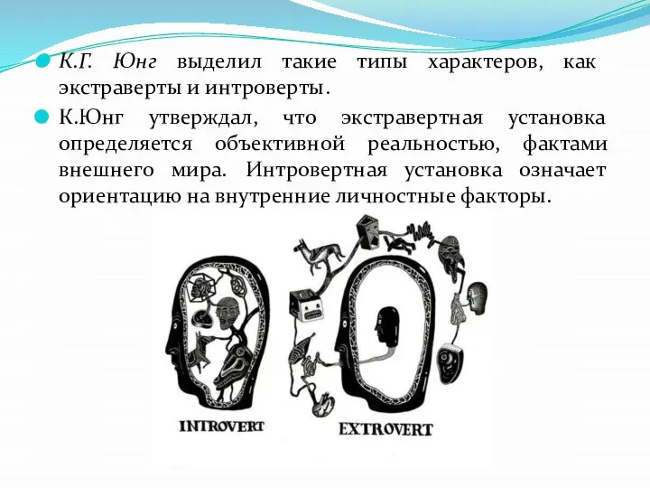 К.Г. Юнг выделил такие типы характеров, как экстраверты и интроверты. К.Юнг утверждал,