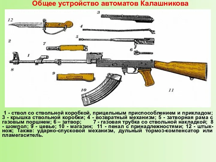 Общее устройство автоматов Калашникова 1 - ствол со ствольной коробкой, прицельным приспособлением