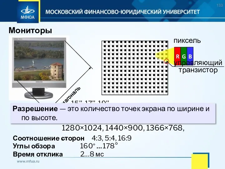 Мониторы управляющий транзистор 15’’, 17’’, 19’’, … Разрешение — это количество точек