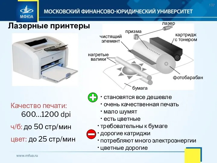 Лазерные принтеры Качество печати: 600…1200 dpi ч/б: до 50 стр/мин цвет: до