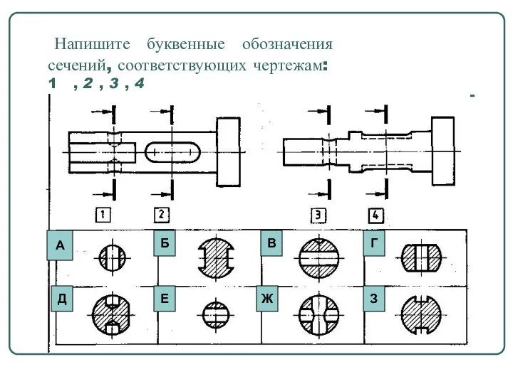 Напишите буквенные обозначения сечений, соответствующих чертежам: 1 , 2 , 3 ,