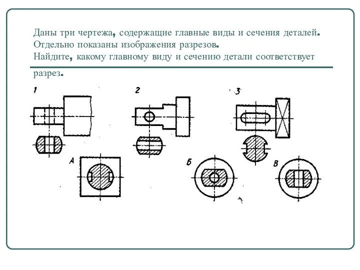 Даны три чертежа, содержащие главные виды и сечения деталей. Отдельно показаны изображения