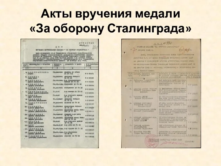 Акты вручения медали «За оборону Сталинграда»