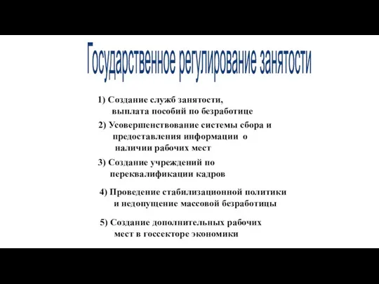 1) Создание служб занятости, выплата пособий по безработице 5) Создание дополнительных рабочих