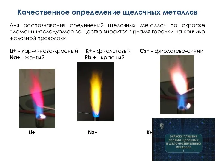 Для распознавания соединений щелочных металлов по окраске пламени исследуемое вещество вносится в