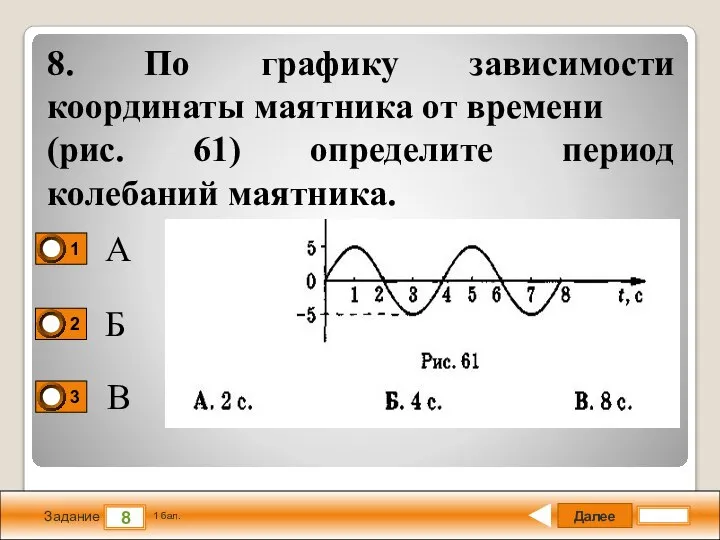 Далее 8 Задание 1 бал. 8. По графику зависимости координаты маятника от