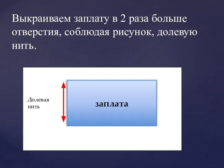 Выкраиваем заплату в 2 раза больше отверстия, соблюдая рисунок, долевую нить. Долевая нить заплата