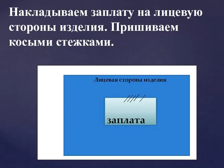 Накладываем заплату на лицевую стороны изделия. Пришиваем косыми стежками. заплата