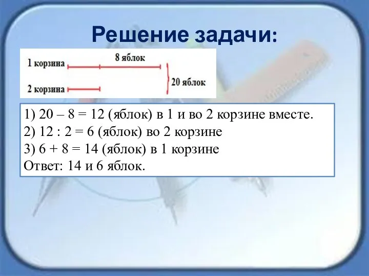 Решение задачи: 1) 20 – 8 = 12 (яблок) в 1 и