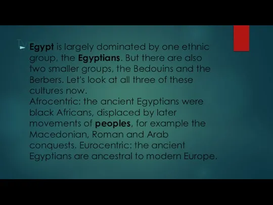 Types Egypt is largely dominated by one ethnic group, the Egyptians. But