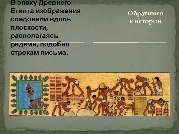 В эпоху Древнего Египта изображения следовали вдоль плоскости, располагаясь рядами, подобно строкам письма. Обратимся к истории