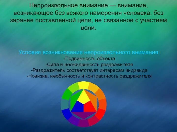 Условия возникновения непроизвольного внимания: -Подвижность объекта -Сила и неожиданность раздражителя -Раздражитель соответствует