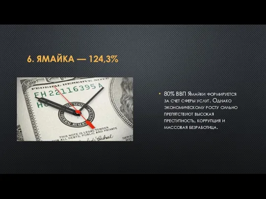 6. ЯМАЙКА — 124,3% 80% ВВП Ямайки формируется за счет сферы услуг.