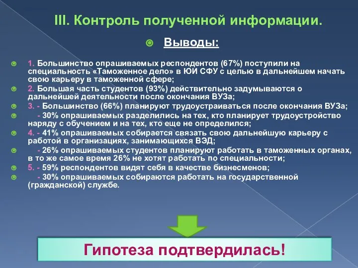 III. Контроль полученной информации. Выводы: 1. Большинство опрашиваемых респондентов (67%) поступили на