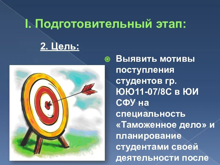 I. Подготовительный этап: Выявить мотивы поступления студентов гр. ЮЮ11-07/8С в ЮИ СФУ