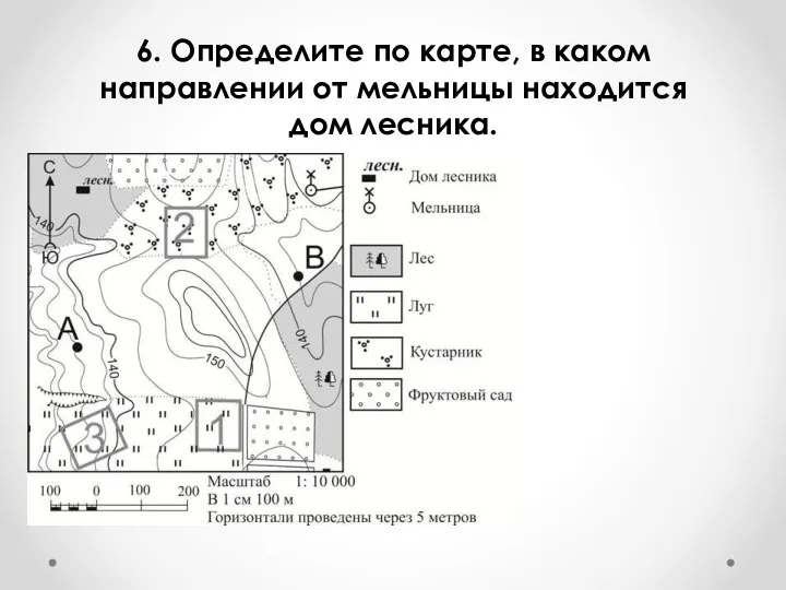 6. Определите по карте, в каком направлении от мельницы находится дом лесника.