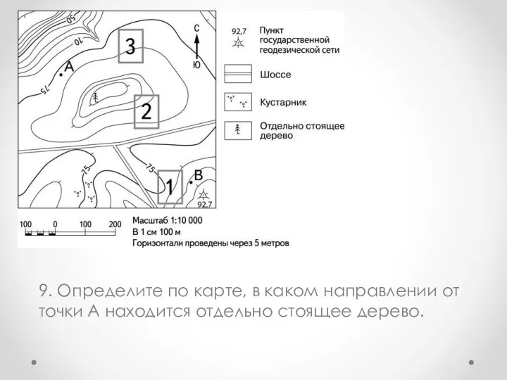 9. Определите по карте, в каком направлении от точки А находится отдельно стоящее дерево.