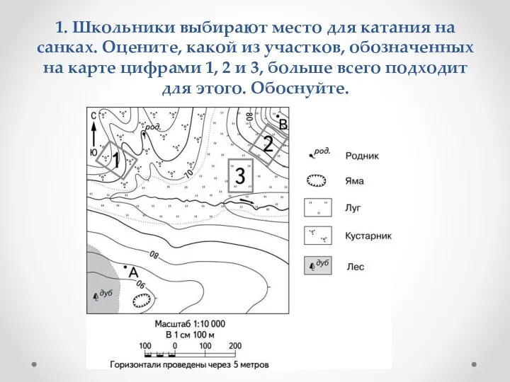 1. Школьники выбирают место для катания на санках. Оцените, какой из участков,