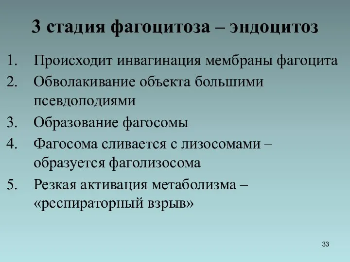 3 стадия фагоцитоза – эндоцитоз Происходит инвагинация мембраны фагоцита Обволакивание объекта большими